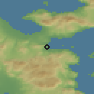 Shaded relief of the 54 km around Loutrá Oraías Elénis, drawn from the GMTED2010 grid