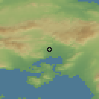 Shaded relief of the 54 km around Magoúla, drawn from the GMTED2010 grid