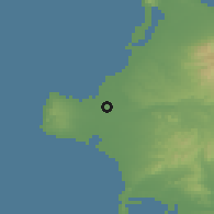 Shaded relief of the 54 km around Andravída, drawn from the GMTED2010 grid