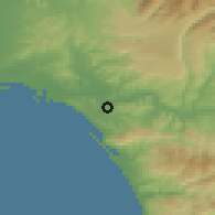 Shaded relief of the 54 km around Makrísia, drawn from the GMTED2010 grid