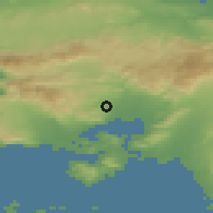 Shaded relief of the 54 km around Mándra, drawn from the GMTED2010 grid