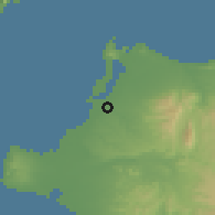 Shaded relief of the 54 km around Manolás, drawn from the GMTED2010 grid