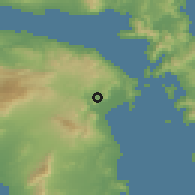 Shaded relief of the 54 km around Marathón, drawn from the GMTED2010 grid