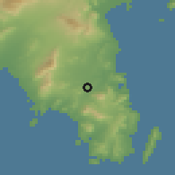 Shaded relief of the 54 km around Markópoulon, drawn from the GMTED2010 grid