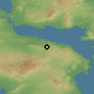 Shaded relief of the 54 km around Markópoulon, drawn from the GMTED2010 grid