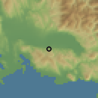 Shaded relief of the 54 km around Mataránka, drawn from the GMTED2010 grid