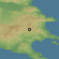 Shaded relief of the 53 km around Megáli Panayía, drawn from the GMTED2010 grid
