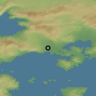 Shaded relief of the 54 km around Mégara, drawn from the GMTED2010 grid