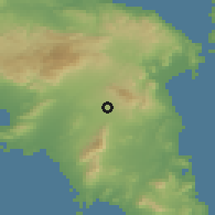 Shaded relief of the 54 km around Melíssia, drawn from the GMTED2010 grid