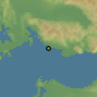 Shaded relief of the 54 km around Mesolóngion, drawn from the GMTED2010 grid