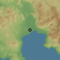 Shaded relief of the 54 km around Messíni, drawn from the GMTED2010 grid
