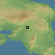 Shaded relief of the 54 km around Metamórfosi, drawn from the GMTED2010 grid