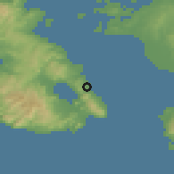 Shaded relief of the 54 km around Mitilíni, drawn from the GMTED2010 grid