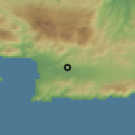 Shaded relief of the 55 km around Moírai, drawn from the GMTED2010 grid