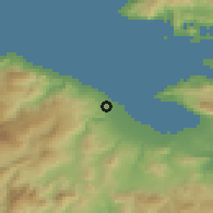 Shaded relief of the 54 km around Moúlkion, drawn from the GMTED2010 grid