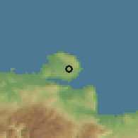 Shaded relief of the 55 km around Mouzourás, drawn from the GMTED2010 grid