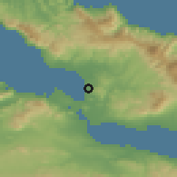 Shaded relief of the 54 km around Néa Artáki, drawn from the GMTED2010 grid