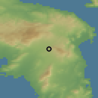 Shaded relief of the 54 km around Néa Erithraía, drawn from the GMTED2010 grid