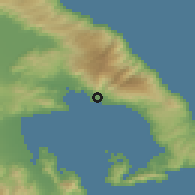 Shaded relief of the 54 km around Áno Lekhónia, drawn from the GMTED2010 grid