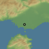 Shaded relief of the 53 km around Néa Kariá, drawn from the GMTED2010 grid