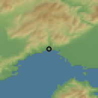 Shaded relief of the 53 km around Néa Karváli, drawn from the GMTED2010 grid