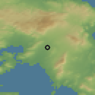 Shaded relief of the 54 km around Néa Khalkidón, drawn from the GMTED2010 grid