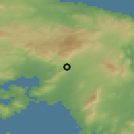 Shaded relief of the 54 km around Áno Liósia, drawn from the GMTED2010 grid