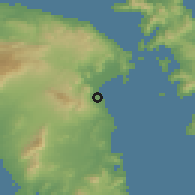 Shaded relief of the 54 km around Néa Mákri, drawn from the GMTED2010 grid