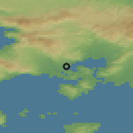 Shaded relief of the 54 km around Néa Péramos, drawn from the GMTED2010 grid