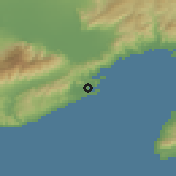 Shaded relief of the 53 km around Néa Péramos, drawn from the GMTED2010 grid