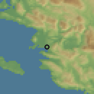 Shaded relief of the 53 km around Néa Seleúkia, drawn from the GMTED2010 grid