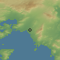 Shaded relief of the 54 km around Néa Smírni, drawn from the GMTED2010 grid