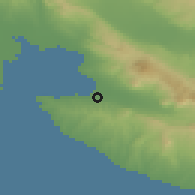 Shaded relief of the 53 km around Néon Rísion, drawn from the GMTED2010 grid