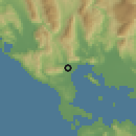 Shaded relief of the 54 km around Néos Oropós, drawn from the GMTED2010 grid