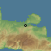 Shaded relief of the 55 km around Nerokoúros, drawn from the GMTED2010 grid