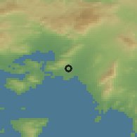 Shaded relief of the 54 km around Níkaia, drawn from the GMTED2010 grid