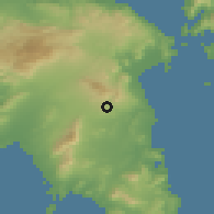 Shaded relief of the 54 km around Ntráfi, drawn from the GMTED2010 grid