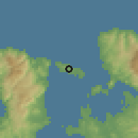 Shaded relief of the 54 km around Oinoússai, drawn from the GMTED2010 grid