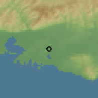 Shaded relief of the 53 km around Pagoúria, drawn from the GMTED2010 grid