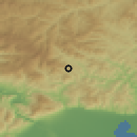 Shaded relief of the 53 km around Pákhni, drawn from the GMTED2010 grid