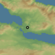 Shaded relief of the 54 km around Afrátion, drawn from the GMTED2010 grid