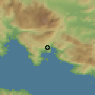Shaded relief of the 54 km around Antikíra, drawn from the GMTED2010 grid