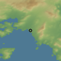 Shaded relief of the 54 km around Palaión Fáliron, drawn from the GMTED2010 grid