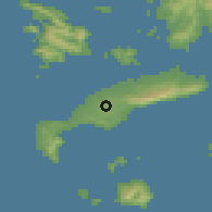Shaded relief of the 54 km around Antimákhia, drawn from the GMTED2010 grid