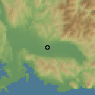 Shaded relief of the 54 km around Panaitólion, drawn from the GMTED2010 grid
