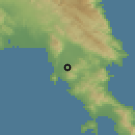 Shaded relief of the 54 km around Papadiánika, drawn from the GMTED2010 grid