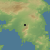 Shaded relief of the 54 km around Papágos, drawn from the GMTED2010 grid
