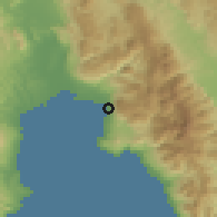 Shaded relief of the 54 km around Paralía Vérgas, drawn from the GMTED2010 grid
