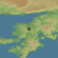 Shaded relief of the 54 km around Pastída, drawn from the GMTED2010 grid