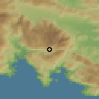 Shaded relief of the 54 km around Arákhova, drawn from the GMTED2010 grid